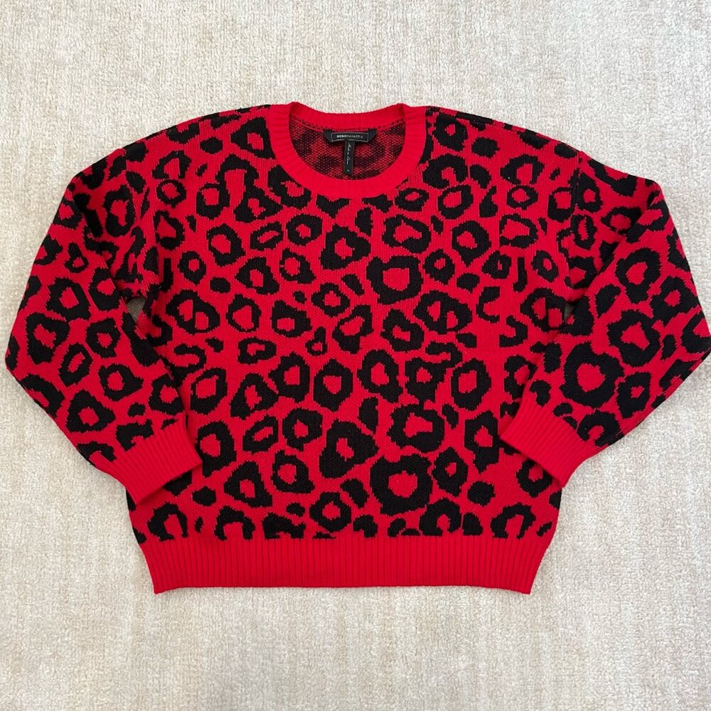 Revolve BCBG Max Azria Colorful Animal Print Cotton Crewneck Sweater S Red